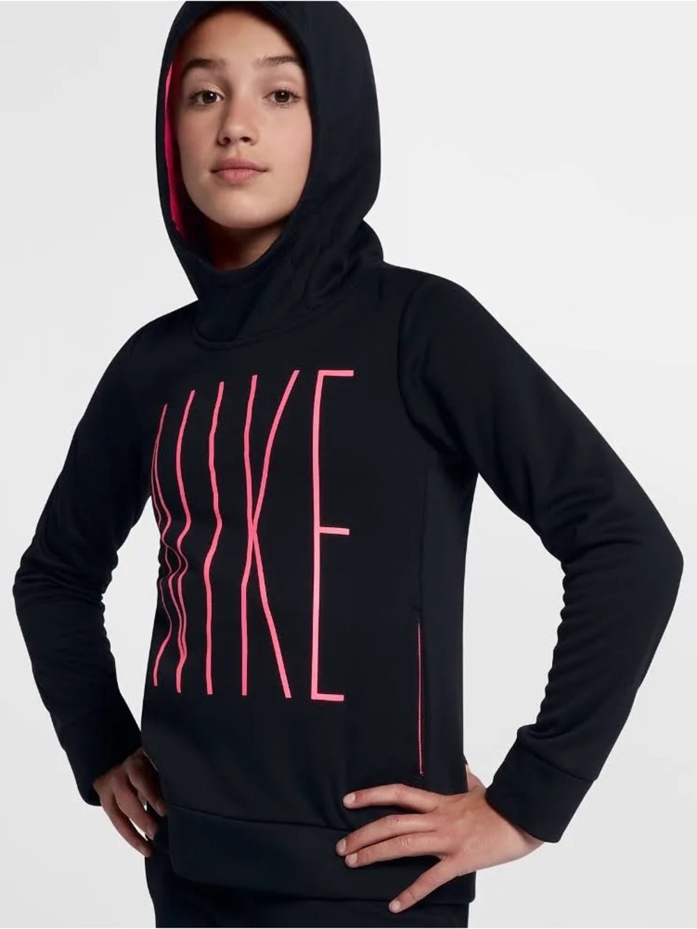 Nike Dri Fit Black & Pink Hoodie Youth Girls Small Graphic Logo Long Sleeve